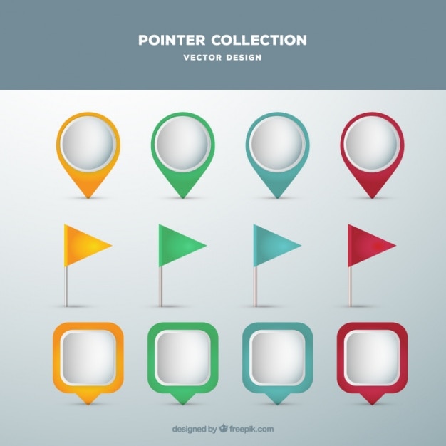 Colección de punteros modernos de colores en diseño plano