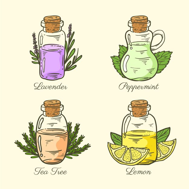 Colección realista de botellas de aceite esencial dibujadas a mano
