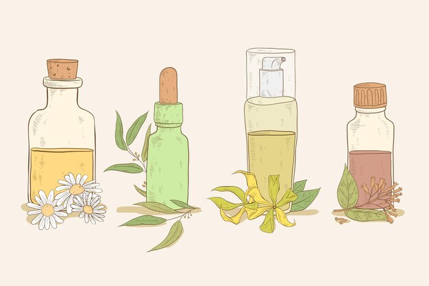 Colección realista de botellas de aceite esencial dibujadas a mano