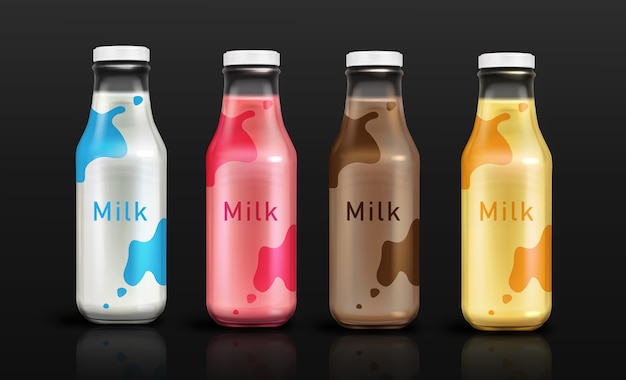 Vector gratuito colección realista de botellas de leche coloridas