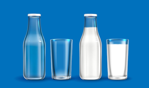 Colección realista de botellas de leche y vasos.
