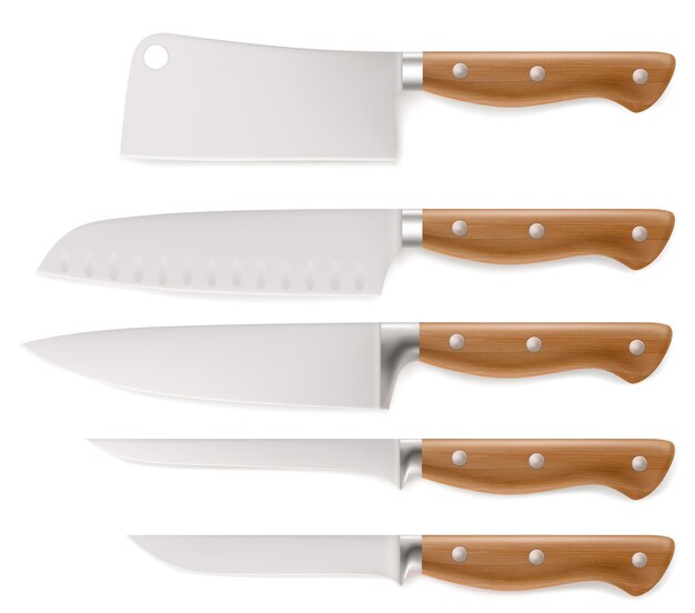 Colección realista de cuchillos de cocina