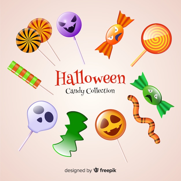 Colección realista de dulces de halloween sobre fondo amarillo pálido