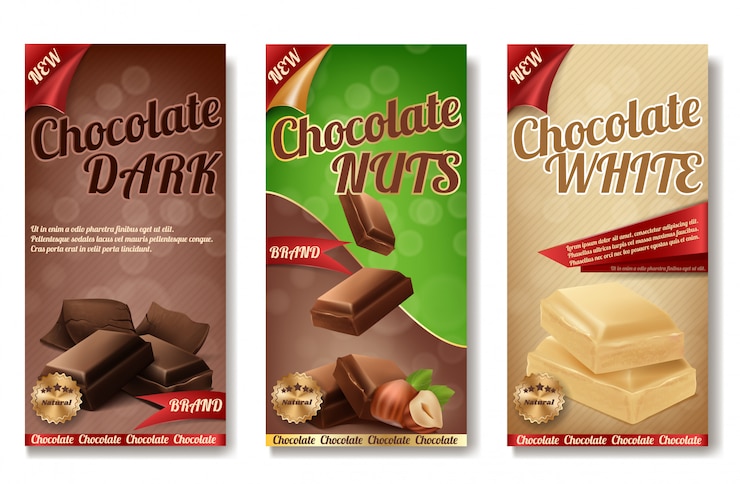 Vector gratuito colección realista de envases de chocolate. etiquetas de producto sabroso con nueces.