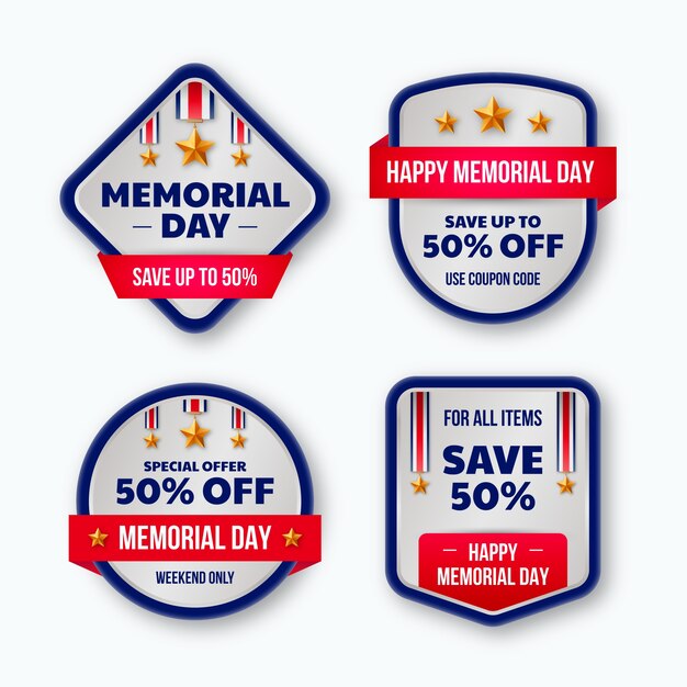Colección realista de etiquetas de venta de memorial day