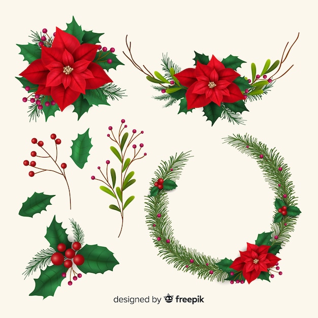 Colección realista de guirnaldas y flores navideñas