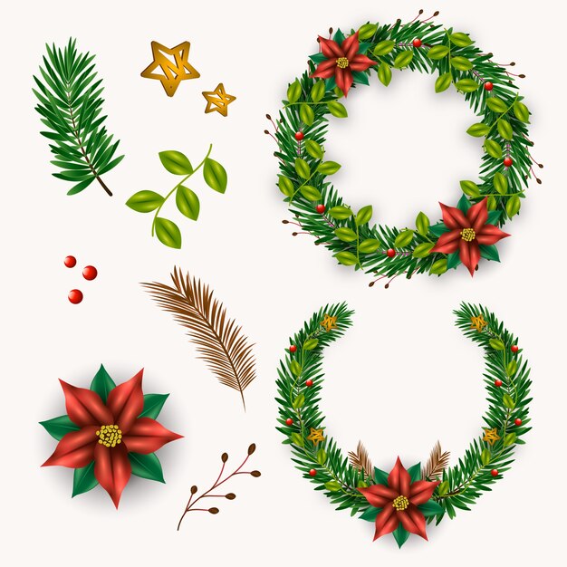 Colección realista de guirnaldas y flores navideñas