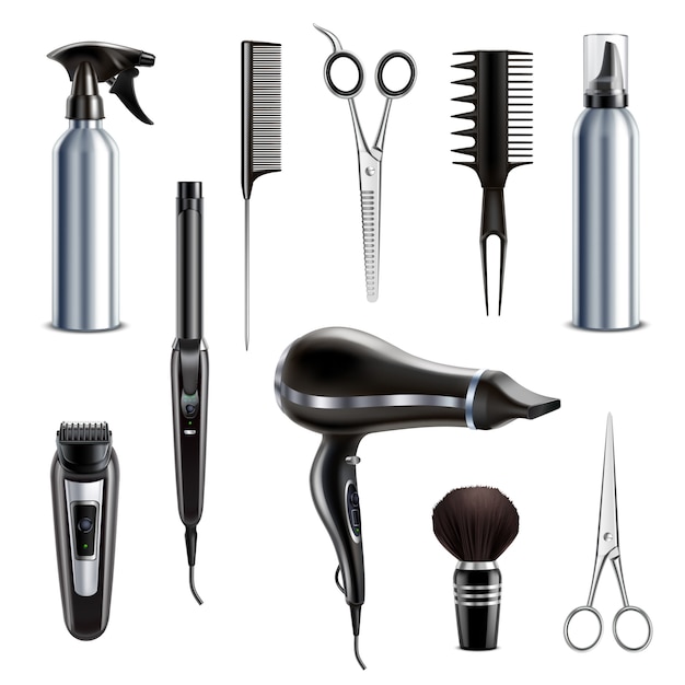 Colección realista de herramientas de estilo de peluquería de peluquería con secador de pelo tijeras recortadora clipper brocha de afeitar aislado ilustración vectorial