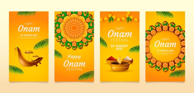 Colección realista de historias de instagram para la celebración de onam