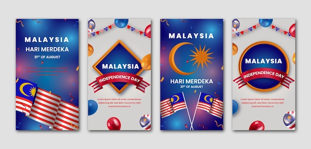 Vector gratuito colección realista de historias de instagram del día de la independencia de malasia