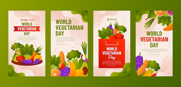 Vector gratuito colección realista de historias de instagram para el día mundial del vegetarianismo