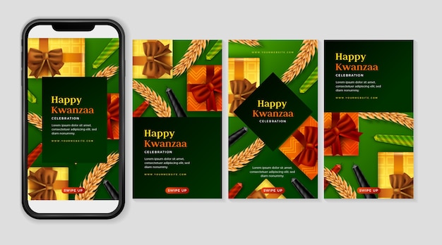 Vector gratuito colección realista de historias de instagram de kwanzaa