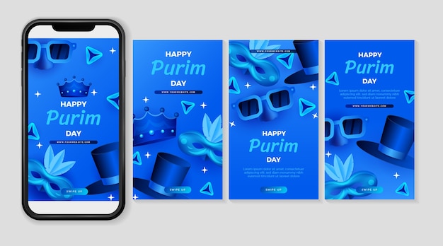 Vector gratuito colección realista de historias de instagram de purim