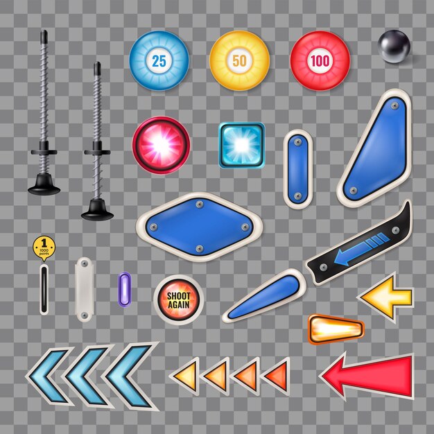 Colección realista de piezas de máquinas de pinball