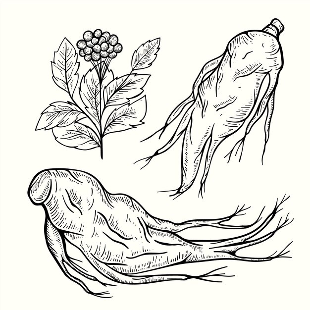 Colección realista de plantas de ginseng