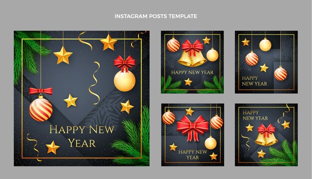 Colección realista de publicaciones de instagram de año nuevo