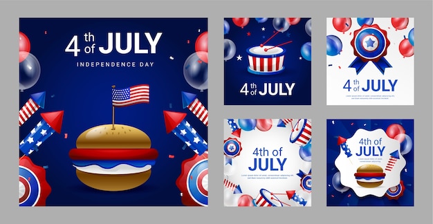 Vector gratuito colección realista de publicaciones de instagram para la celebración americana del 4 de julio