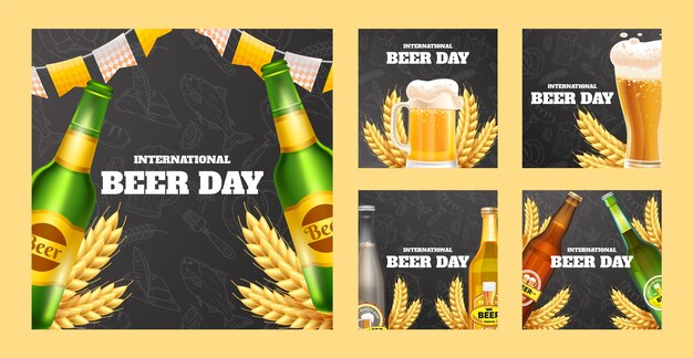 Colección realista de publicaciones de instagram para la celebración del día internacional de la cerveza