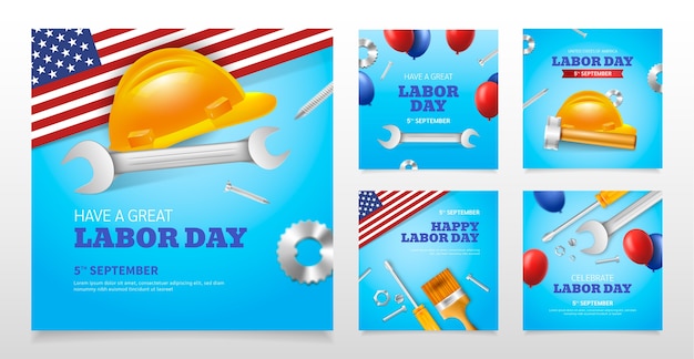 Vector gratuito colección realista de publicaciones de instagram para la celebración del día del trabajo