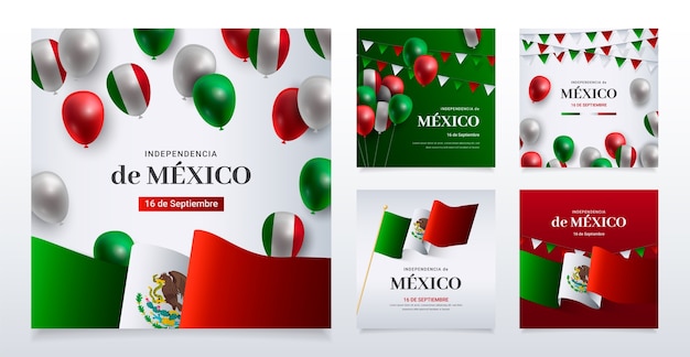 Vector gratuito colección realista de publicaciones de instagram para la celebración de la independencia de méxico