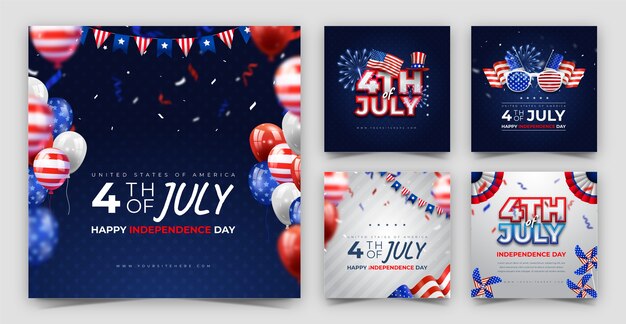 Colección realista de publicaciones de instagram para la celebración navideña del 4 de julio en estados unidos