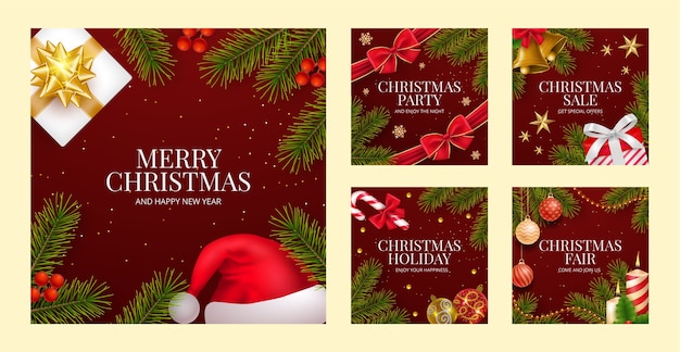 Vector gratuito colección realista de publicaciones de instagram para la celebración de la temporada navideña.