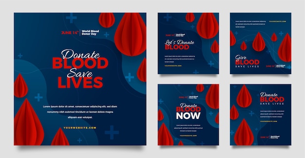 Vector gratuito colección realista de publicaciones de instagram del día mundial del donante de sangre