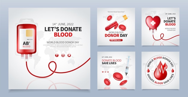 Colección realista de publicaciones de instagram del día mundial del donante de sangre