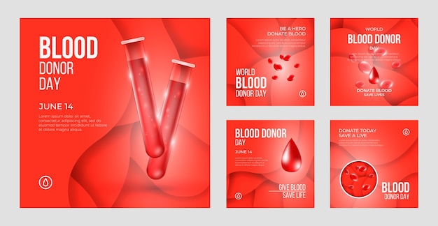 Vector gratuito colección realista de publicaciones de instagram del día mundial del donante de sangre