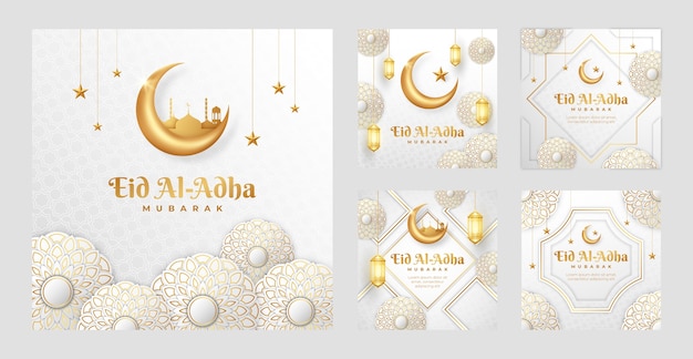 Colección realista de publicaciones de instagram de eid al-adha con linternas y luna creciente