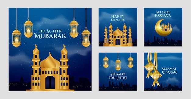 Colección realista de publicaciones de instagram de eid al-fitr