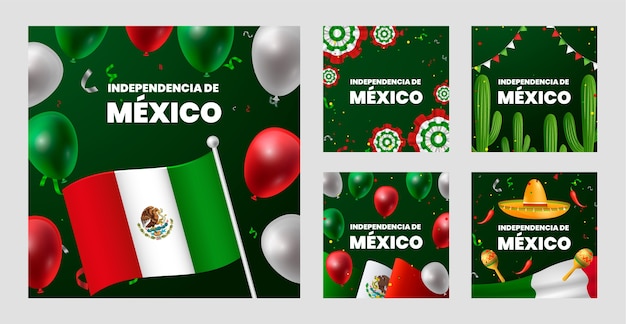 Vector gratuito colección realista de publicaciones de instagram de la independencia de méxico