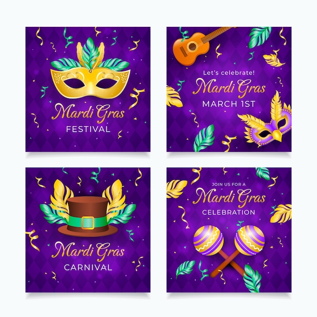 Vector gratuito colección realista de publicaciones de instagram de mardi gras