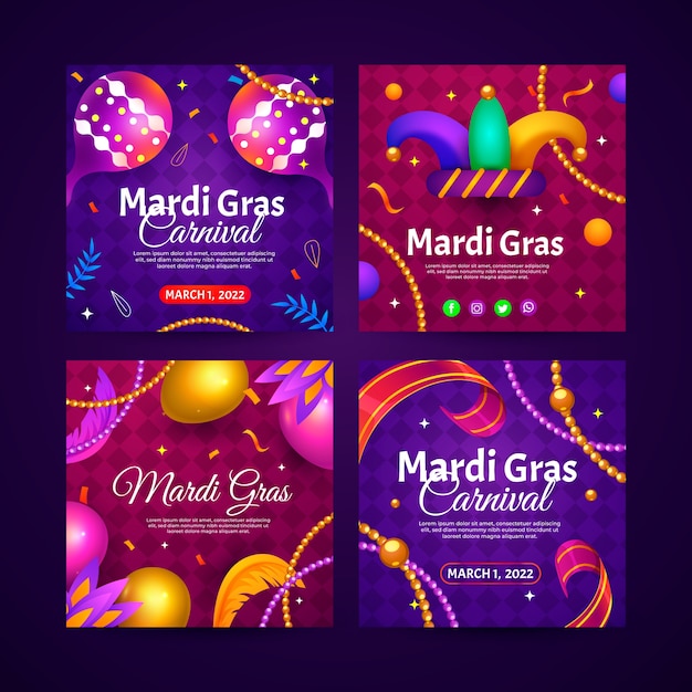 Colección realista de publicaciones de instagram de mardi gras