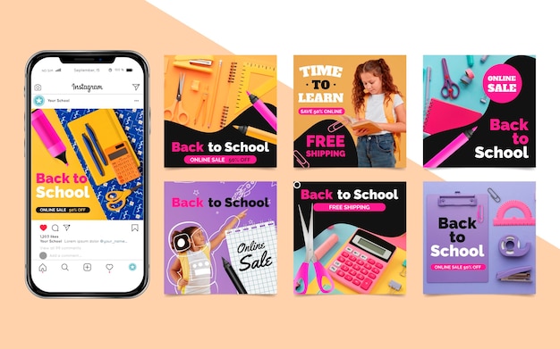 Vector gratuito colección realista de publicaciones de instagram de regreso a la escuela con foto