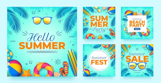 Colección realista de publicaciones de instagram para la temporada de verano