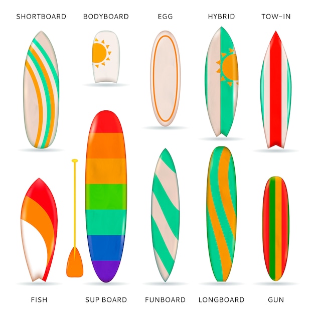 Colección realista de tablas de surf de colores