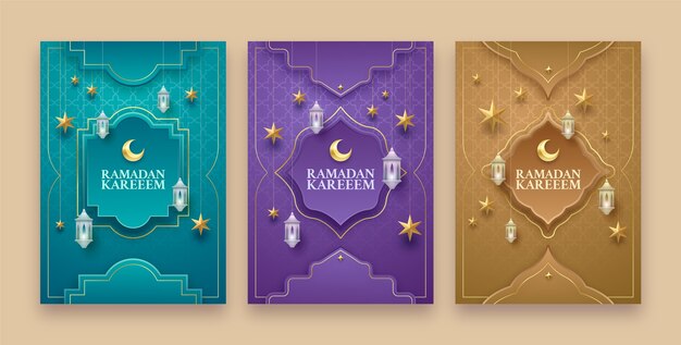 Colección realista de tarjetas de felicitación de celebración de ramadán