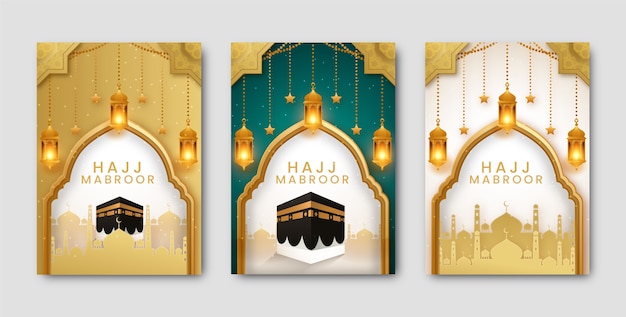 Vector gratuito colección realista de tarjetas hajj mubarak