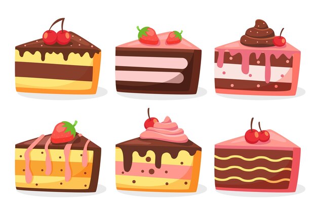 Colección de rebanadas de pastel sabroso con glaseado y crema con estilo de dibujo de topping de frutas para ilustración de vector de diseñador gráfico