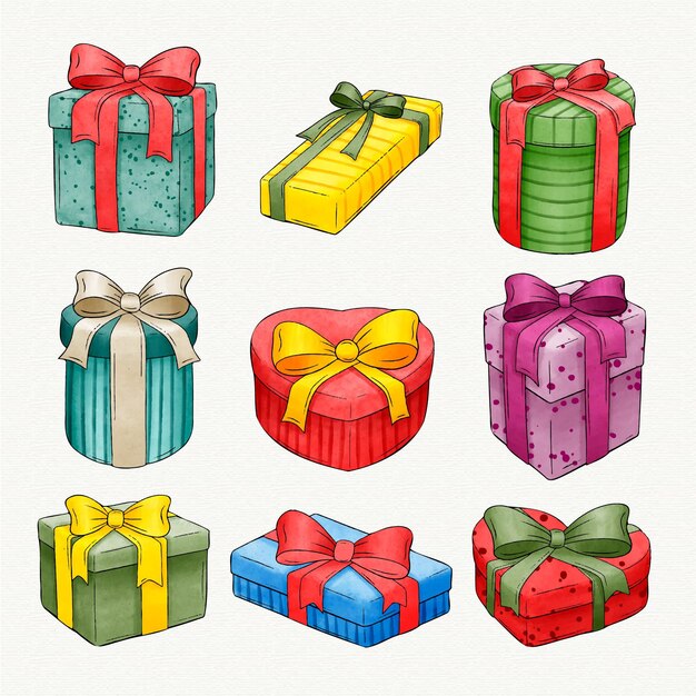 Colección de regalos de navidad en acuarela