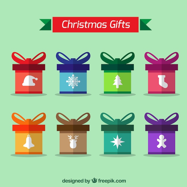 Vector gratuito colección de regalos de navidad coloridos con objetos blancos