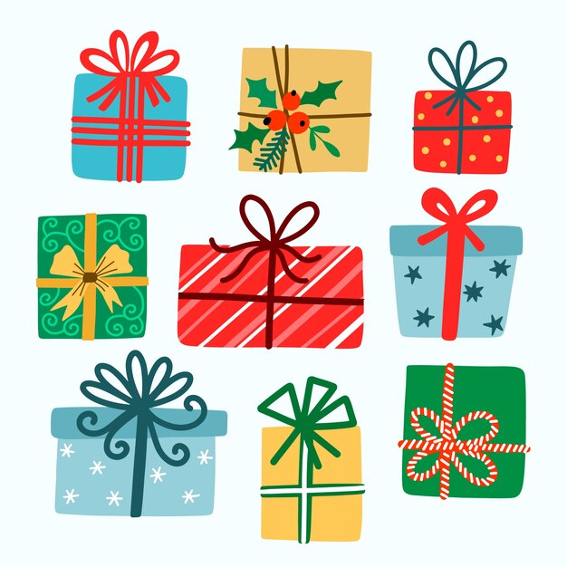 Colección de regalos de navidad dibujados a mano