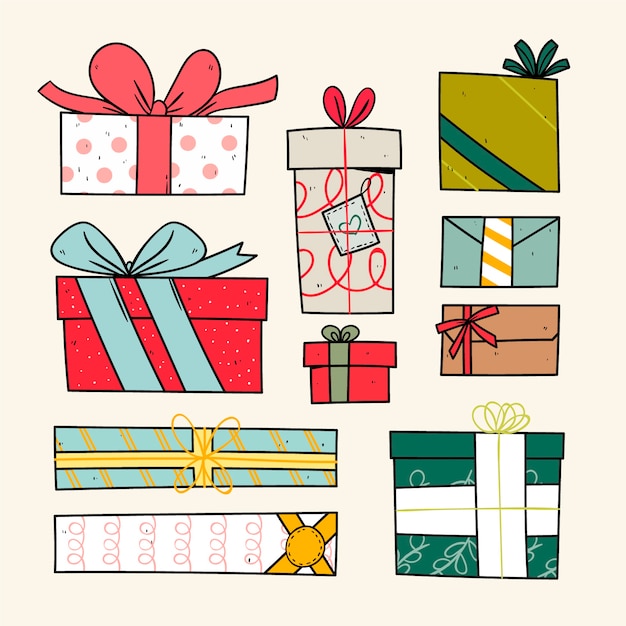 Colección de regalos de navidad dibujados a mano