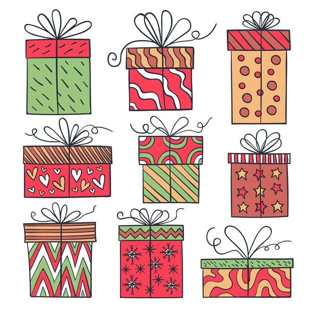 Colección de regalos de navidad dibujados a mano