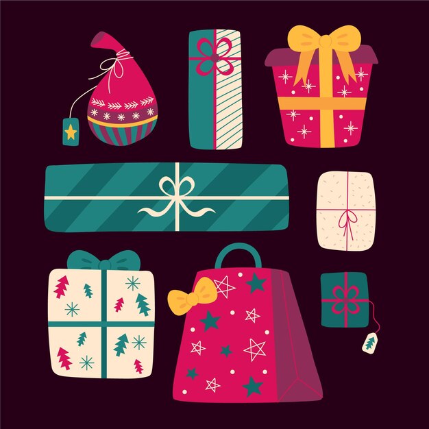 Colección de regalos de navidad dibujados a mano