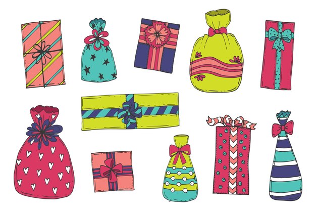 Colección de regalos de navidad dibujados a mano