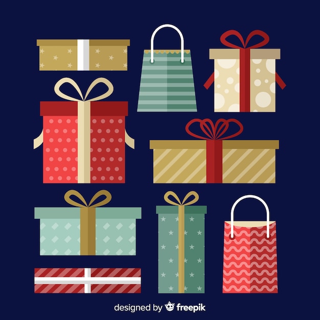 Vector gratuito colección de regalos de navidad plana sobre fondo azul