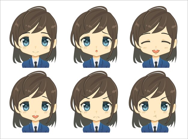 Colección Retrato Mujer joven Expresiones faciales en personaje de dibujos animados con varias emociones aisladas sobre fondo blanco para la ilustración de vector de diseñador gráfico