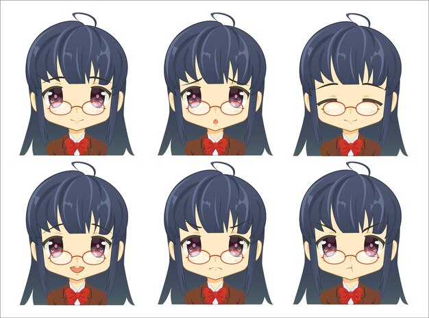 Colección Retrato Mujer joven Expresiones faciales en personaje de dibujos animados con varias emociones chica en gafas aisladas sobre fondo blanco para la ilustración de vector de diseñador gráfico